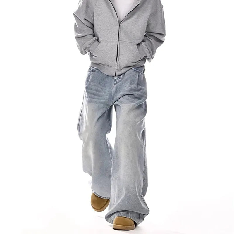 New Korean Retro Men'S Jeans High Street Straight Leg Pants Loose Casual Jeans Fashion Wide Leg Pants