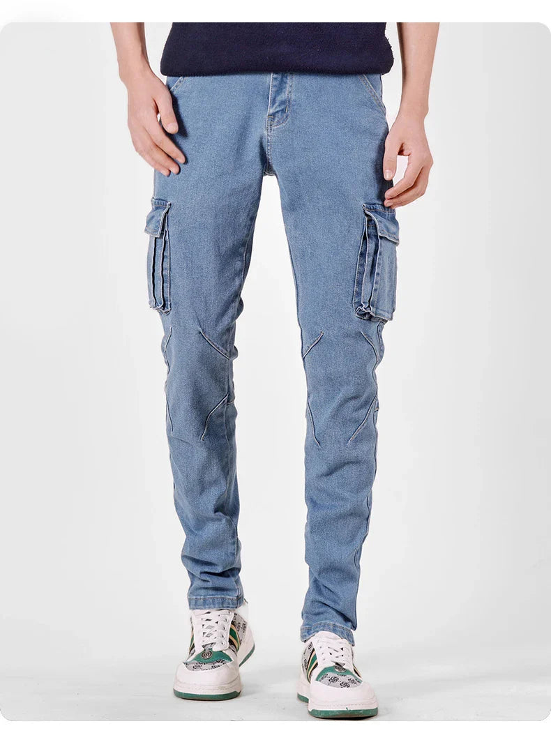 Men's Street Style Elastic Waist Denim Cargo Pants Solid Color Washed Slim Fit Casual Jeans with Multiple Pockets for Daily Wear
