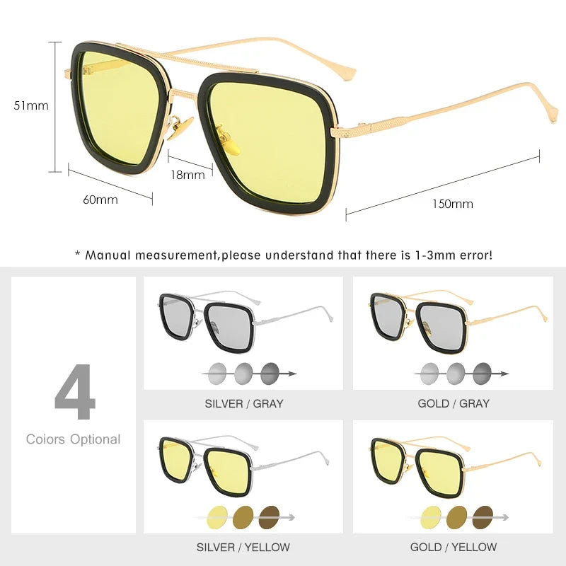 High Quality Tony Stark Square Sunglasses Photochromic Polarized Men Glasses Steampunk Women Driving Night Vision Goggles
