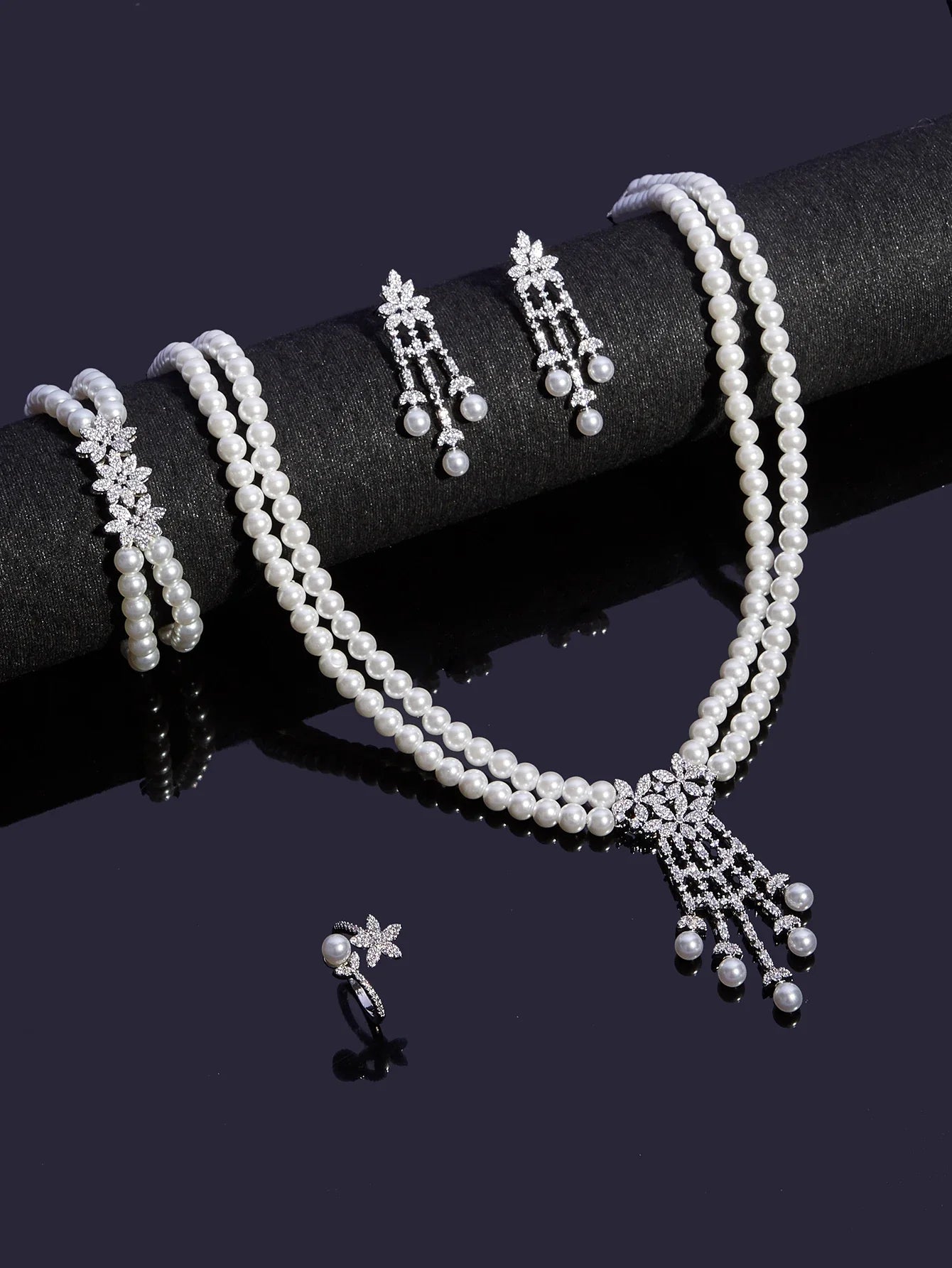 Trendy Pearl Tassel Necklace 4PCS Jewelry Set For Women Wedding Party Full Zircon Dubai Bridal Jewelry Set Gift