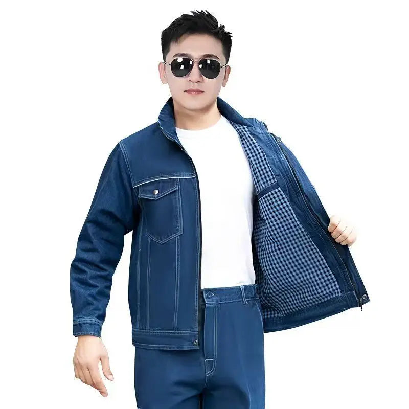 Men's Street Hip Hop Men's Loose Jeans Motorcycle Jacket Two Piece Set Harajuku Pattern Embroidered Jacket Jeans Set