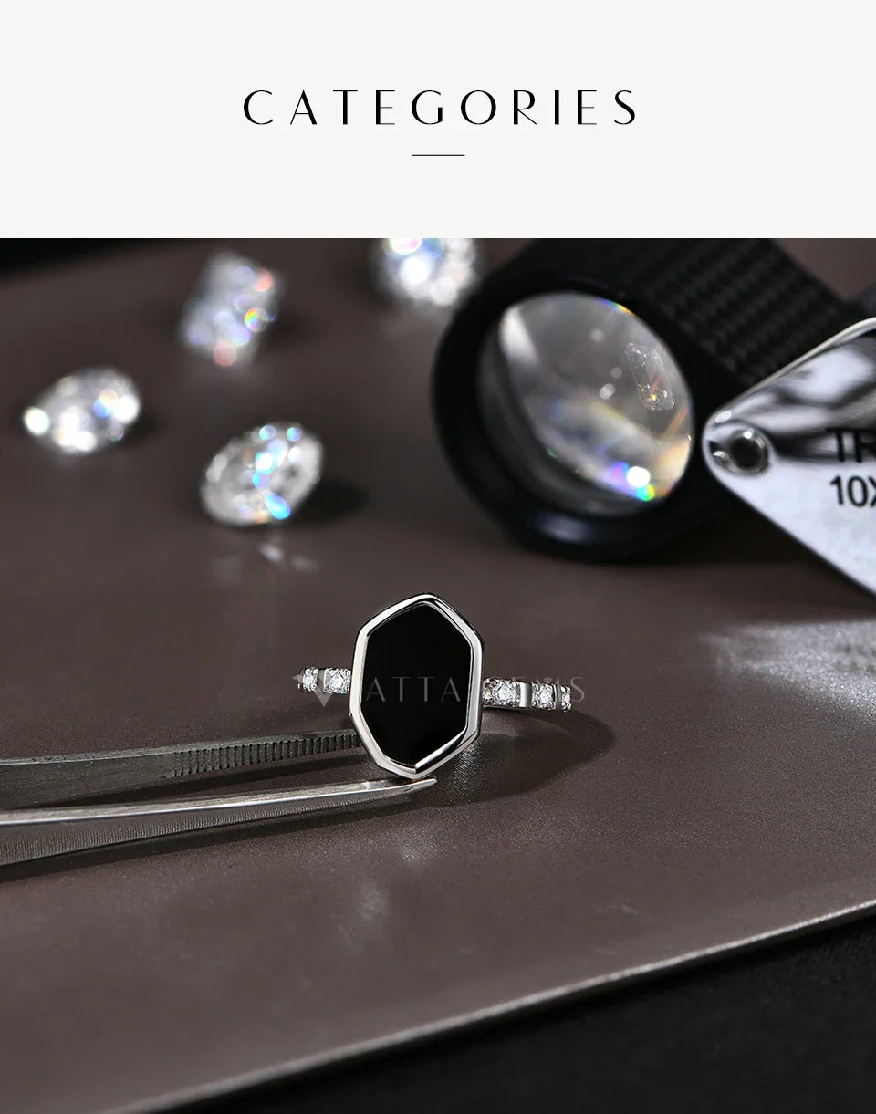 Hexagon Black Onyx Rings for Women Men Moissanite Side Edge S925 Silver 18K White Gold Plated Party Daily Jewelry Gifts