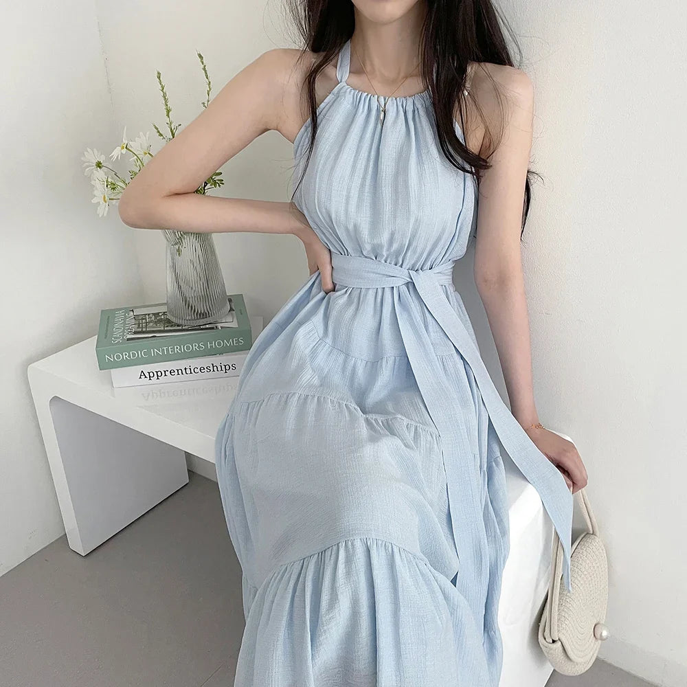 Korean Style Summer Slimming Necktie Waist Cinched Sleeveless Vest Long Dress Women's Fashionable Commute Style Inner Wear