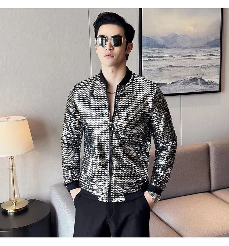 Men's Fashionable and Personalized Silver Sequin Jacket Summer New Ball Performance Suit Jacket Hip-hop Fashion Street Wear
