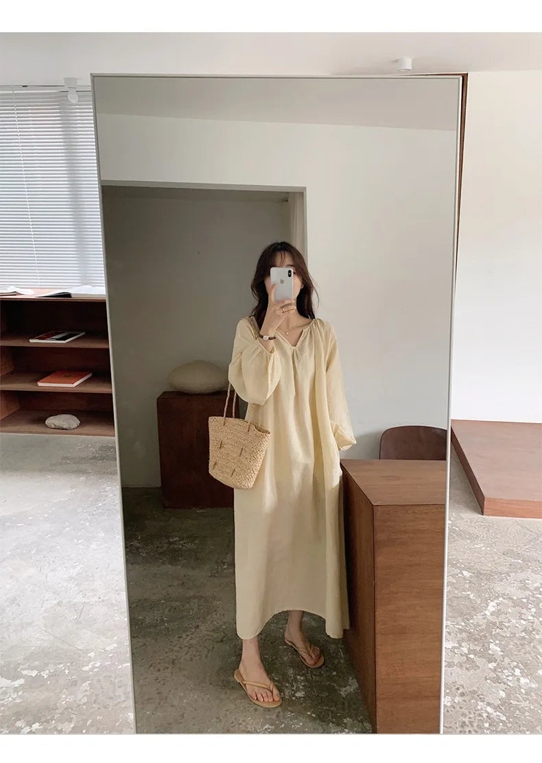 Vintage 100% Cotton Women Dress V Neck Long Sleeve Korean Jananse Pajama Dresses Ladies Comfortable Homewear Wearable Outside