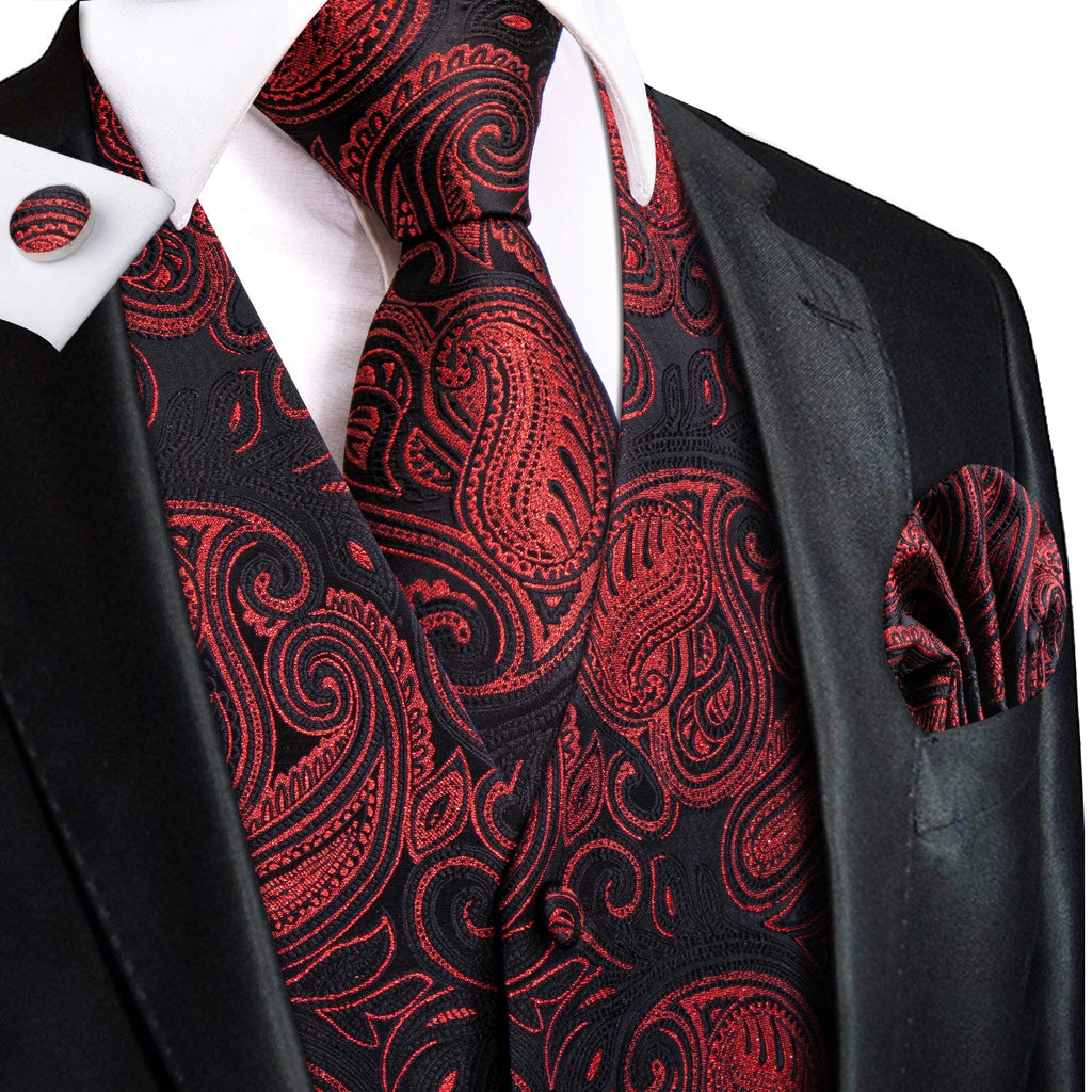 Formal Rose Pattern Paisley Plain Solid Mens Vest Party Wedding Waistcoat Pocket Square Tie  Hankie Suit Set