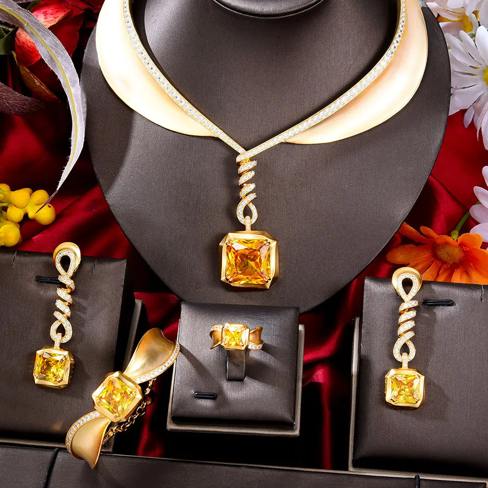 Famous Brand 4PCS Green CZ Luxury African Jewelry Set For Women Wedding Party Zircon Crystal Dubai Bridal Jewelry Set Gift