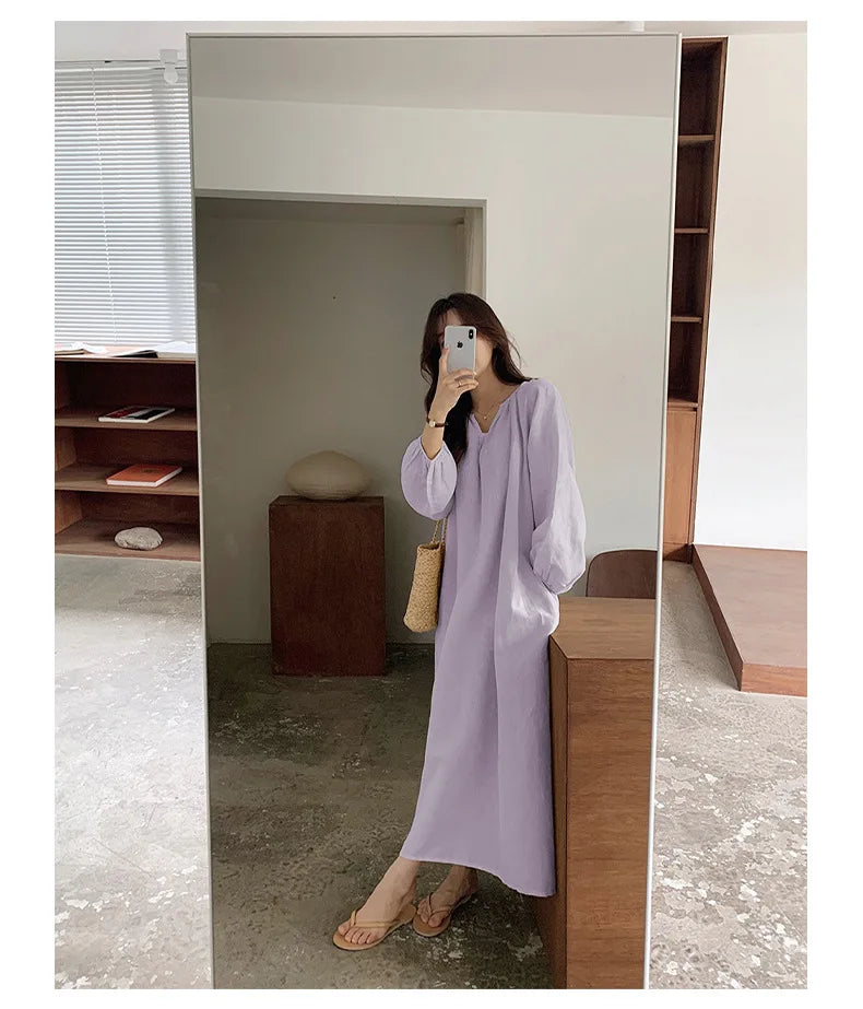 Vintage 100% Cotton Women Dress V Neck Long Sleeve Korean Jananse Pajama Dresses Ladies Comfortable Homewear Wearable Outside