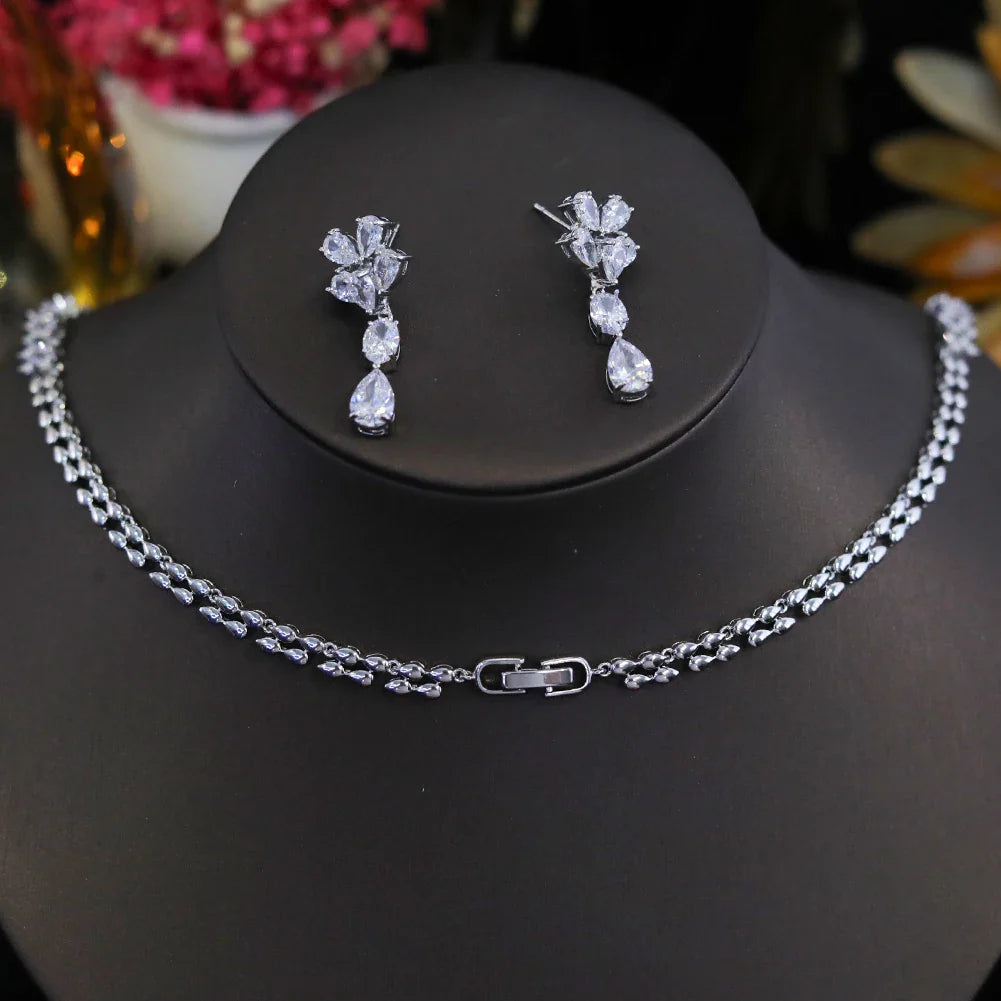 New Design Luxury Cubic Zirconia Water Drop Necklace Earrings Set for Women High Quality Wedding Party Dress Jewelry