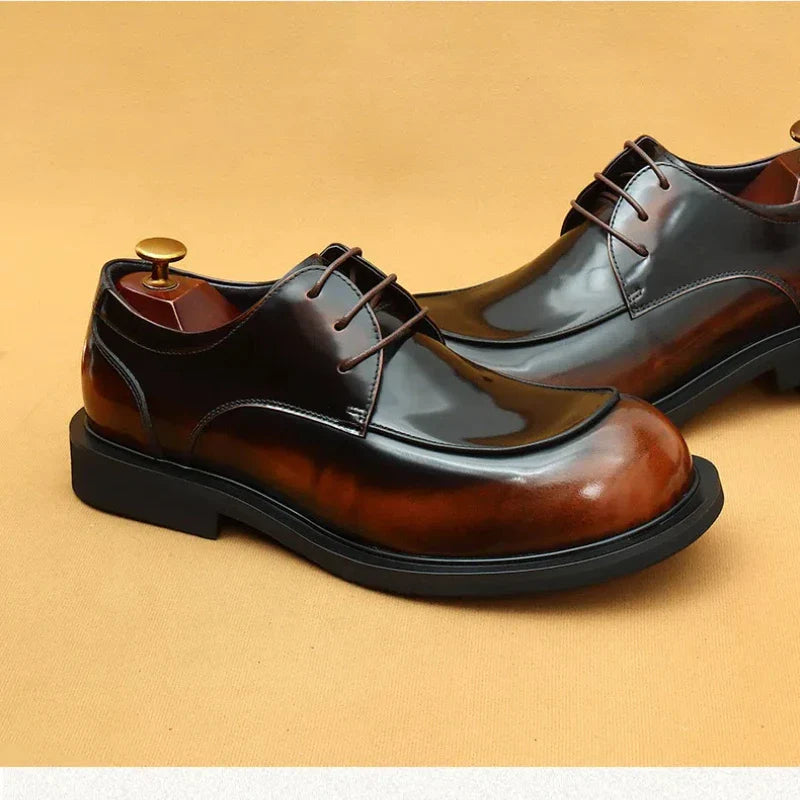 Men's business lace up casual leather shoes British big toe shoes cowhide patent leather round toe derby shoes Retro men's shoes