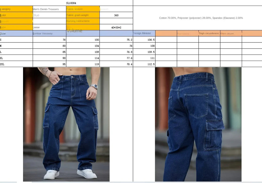Men's Deep Blue Washed Denim Workwear Jeans Casual Multiple Pockets Design Loose Wide Leg Trousers Y2K Style Cargo Pants