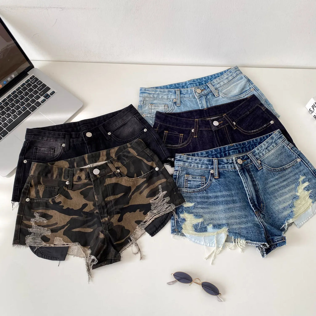 SINGREINY American Retro Camouflage Mini Shorts 2026 Ladies Hollow Out Slim Beach Pants Hot Girl Sexy Print Denim Shorts