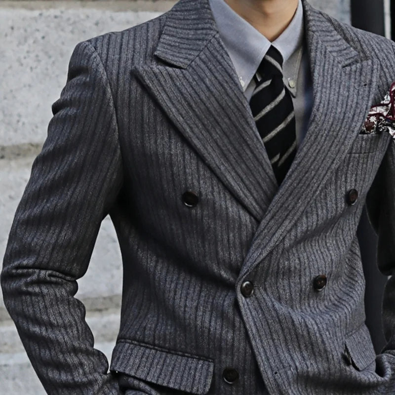 New Thick Style Stripes Herringbone Pattern Men's 2-Piece Suit Double-Breasted Slim Fit Jacket Trousers Vintage Braze Suit