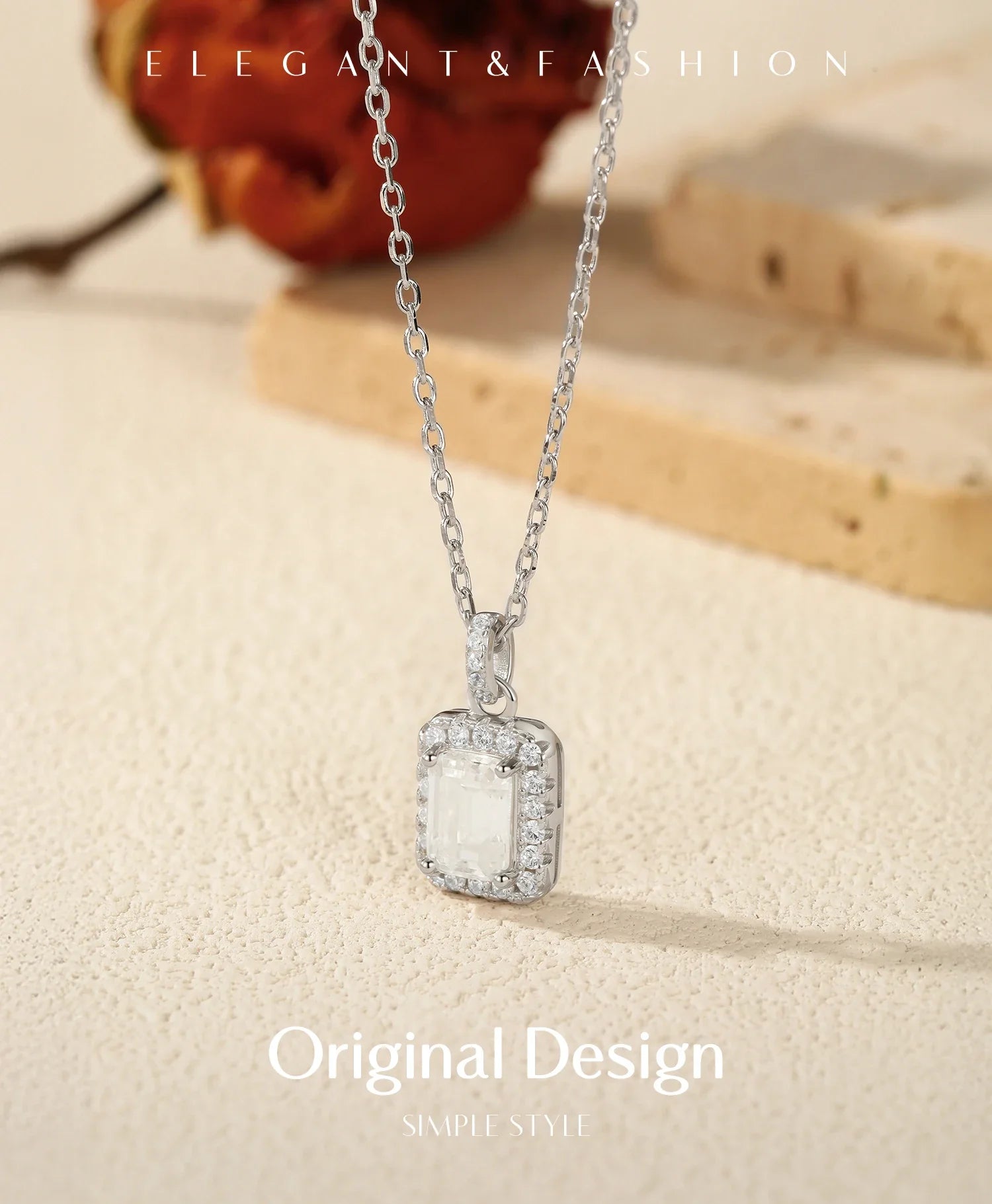 1CT D Color Emerald Cut Moissanite Halo Necklace 925 Sterling Silver Rectangle Wedding Pendant Necklace For Women Jewelry
