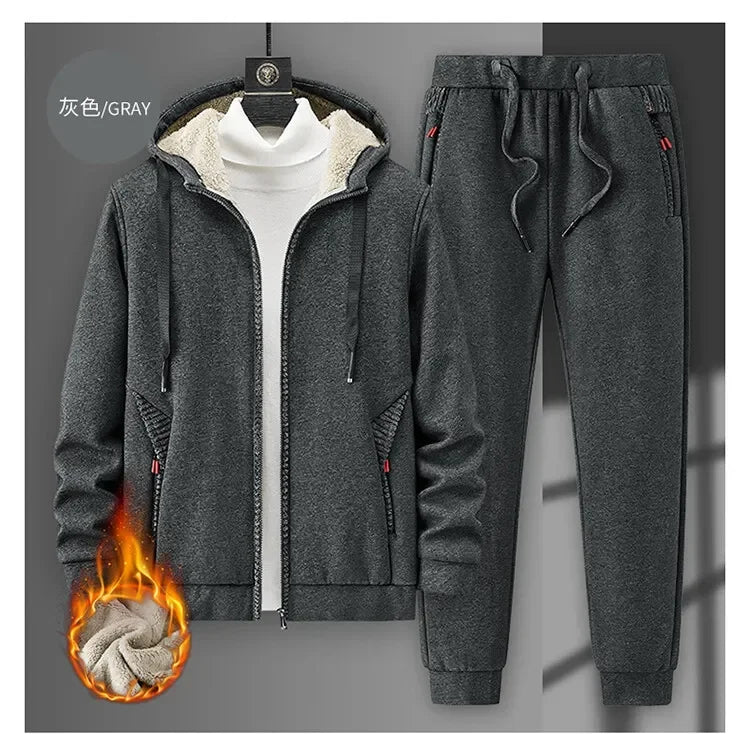 Men's Sets Jacket + pant Warm Fur Winter Sweatshirt Cashmere Tracksuit Men's Sets Fleece Thick Hooded Brand Casual Track Suits