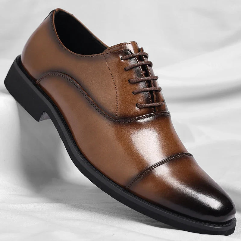 Mens Brown Gradient Leather Cap Toe Oxford Dress Shoes Lace Up Formal Business Office Work Daily Wear Comfortable Non Slip Shoes
