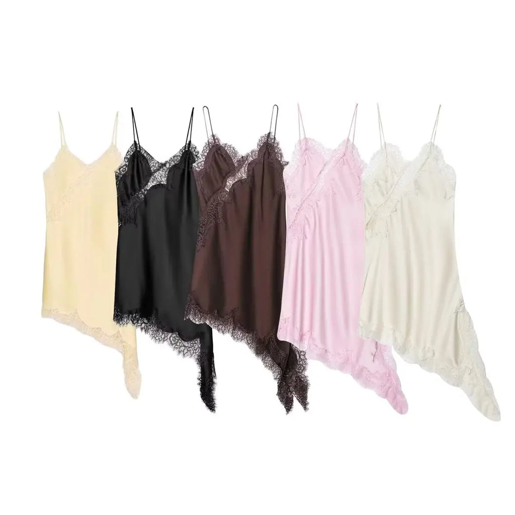 Woman Summer Sexy Sleeveless Backless Chic Beach Party Dress Women's Elegant Asymmetry Lace Decorate Slim Sling Dress