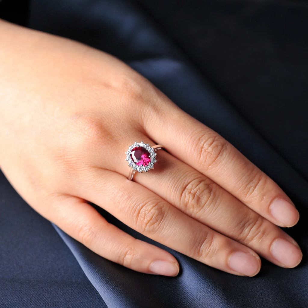 Halo Rings for Women Created Blue Sapphire Nano Emerald Red Ruby Princess Diana 2.67ct Oval Cut 925 Sterling Silver Rings
