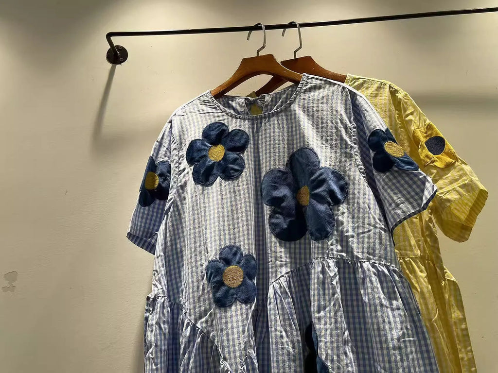 2026 girl sweet blue yellow striped floral embroider patchwork dress for women summer Japan style 100% cotton long dress