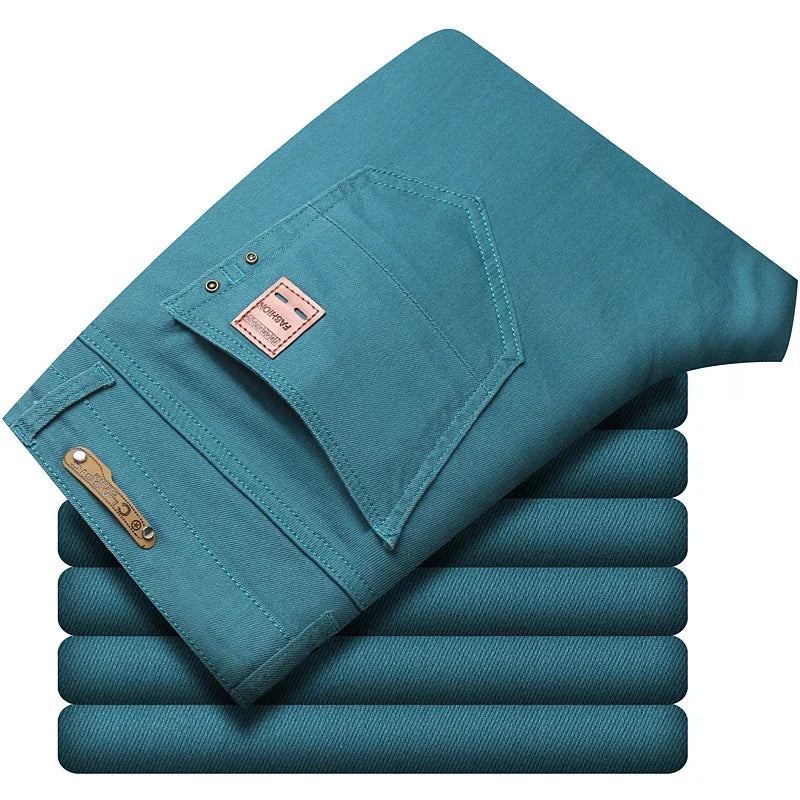 2024 Autumn New Men's Stretch Fit Jeans Bright Trendy Denim Straight-leg Trousers Male Red Lake Blue Yellow Trousers