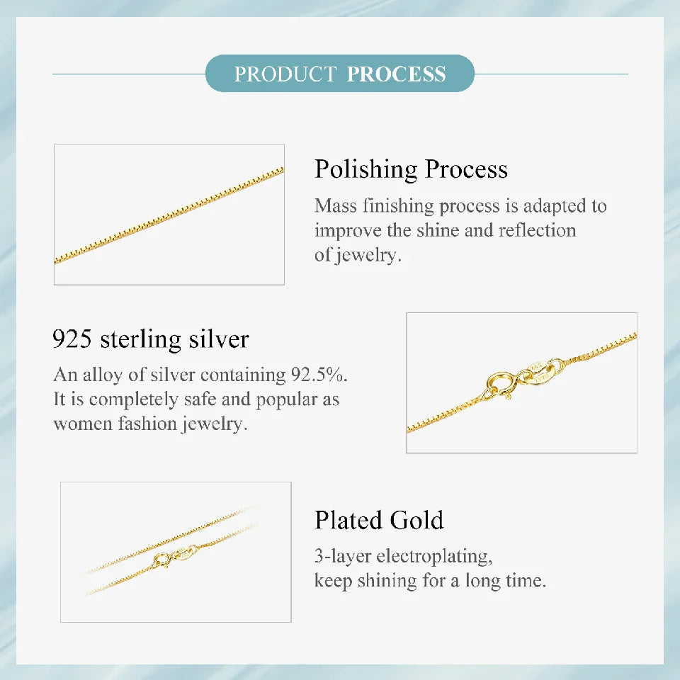 Solid Gold Over 925 Sterling Silver Chain Necklace for Women Teens DIY, 0.8mm Box Chain Super Thin & Strong Basic Chain