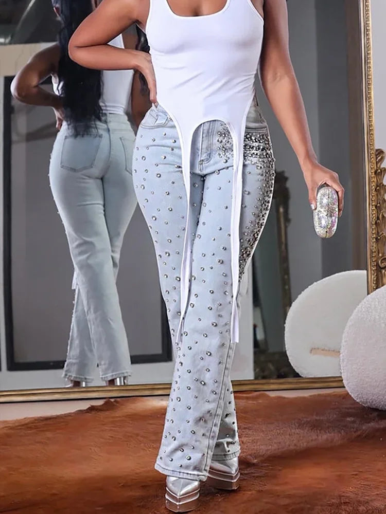 Women's Beading Jeans High Waist Slim Spring Casual Denim Pant
