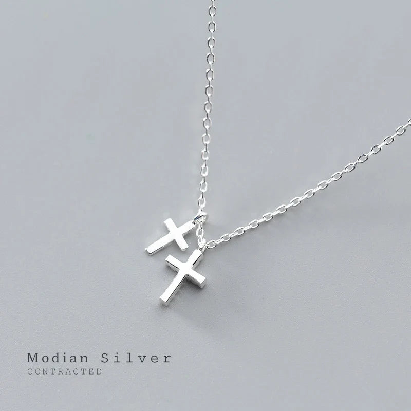 Fashion Shiny Zircon and Glossy Cross Pendant Necklace for Women Pure 925 Sterling Silver Long Chain Necklace Jewelry