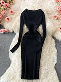 Autumn Winter 2025 Women Dress Elegant Cross V-neck Slim Waist Knitted Bodycon Dress Korean Office Lady Vestidos