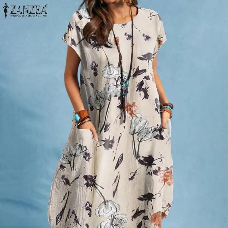 Women Summer Dress Bohemian Floral Print Vestido O-Neck Short Sleeve Pockets Sundress Fashion Casual Elegant Holiday Robe