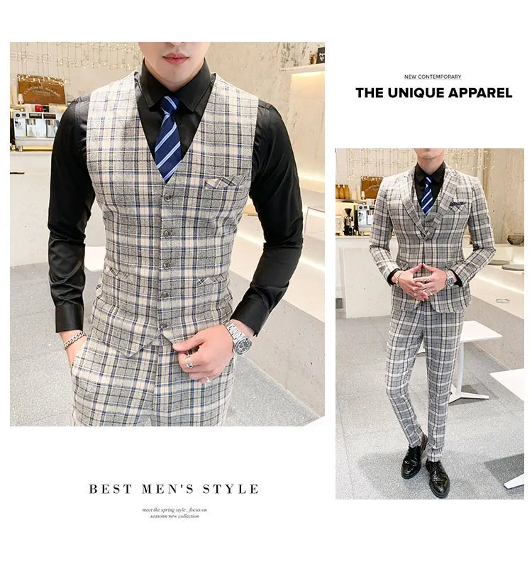 ( Jackets + Vest + Pants ) New Fashion Boutique Plaid Mens Casual Business Suit Groom Wedding Dress Suit 3pces Set Male Blazer