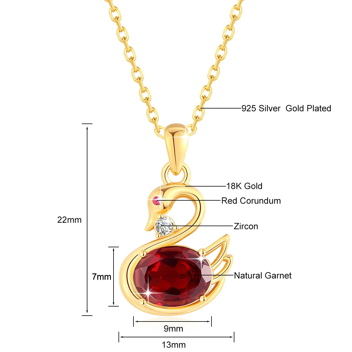 Exquisite 18K Natural Garnet Crystal Swan Pendant Necklace for Women AU750 Solitaire Choker Red Corundum Zircon Jewelry Gift