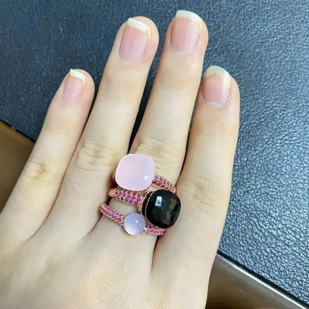 3Pcs/Set Nudo Ring Stacking Set for Women Mix Color Candy Crystal Inlay Zircon Amethyst Blue Topaz Round Jewelry Gift
