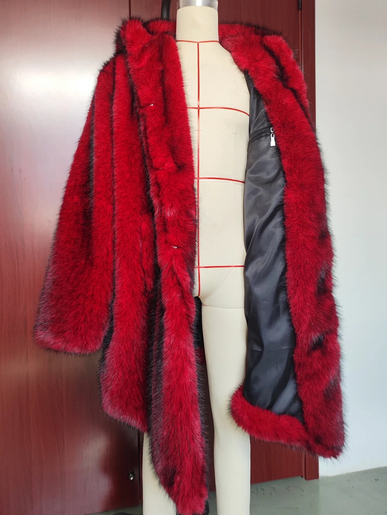 Autumn/Winter Long Warm Fluffy Faux Fur Coat Red Men's Long Sleeve High Quality Luxury Fluffy Coat
