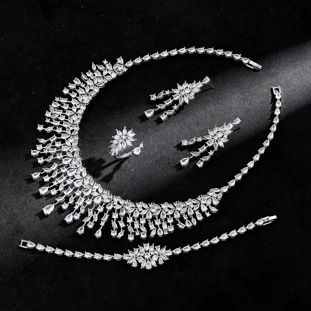 2024 New 4-piece Bride Zirconia Women's Party Jewelry Set, Deluxe Dubai Nigeria CZ Crystal Wedding Necklace Set
