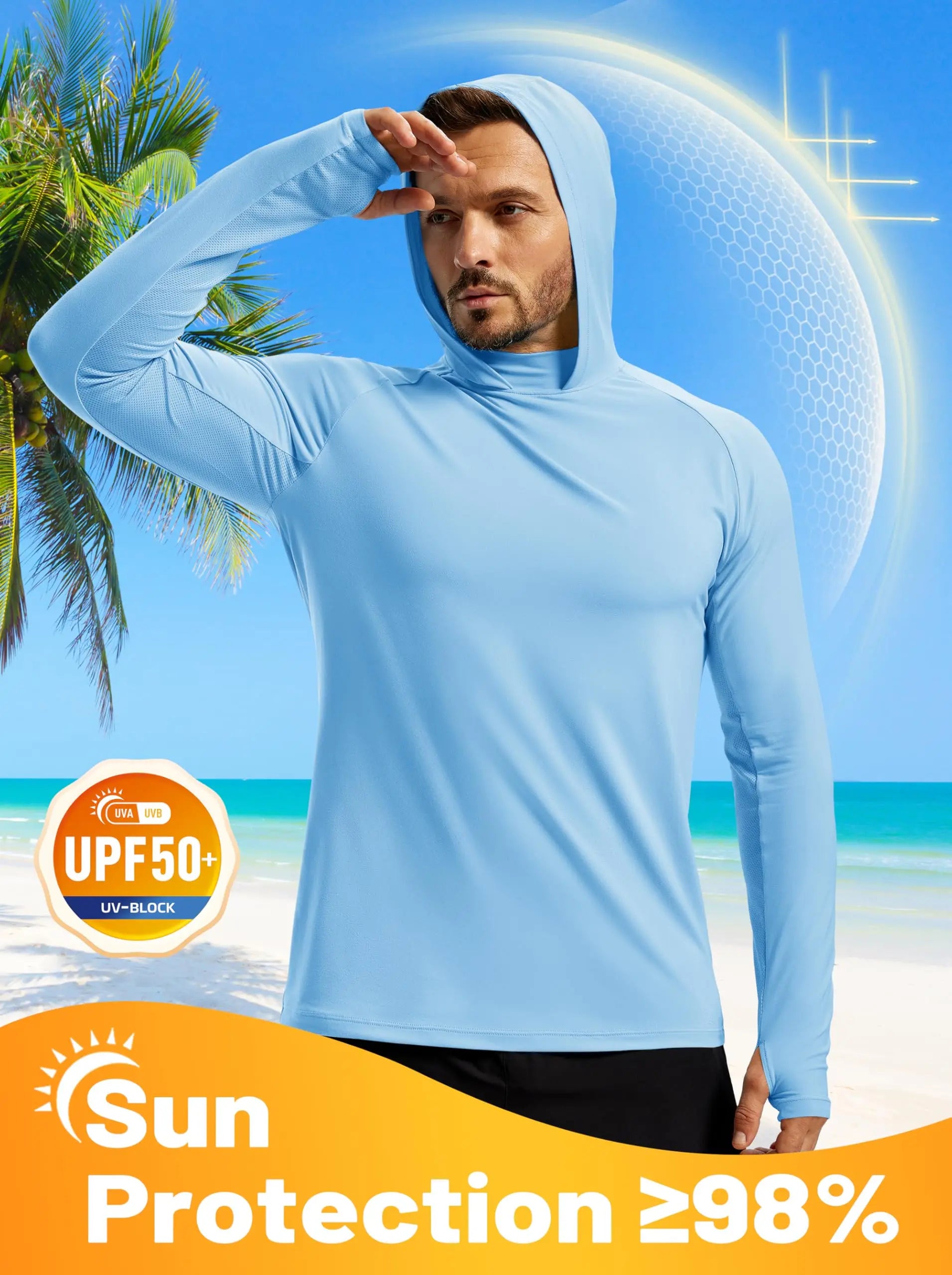 Men's UPF 50+ Hoodie Fishing Shirts Long Sleeve High Collar Mesh UV Sun Protection Rash Guard Swim Beach Running Hiking
