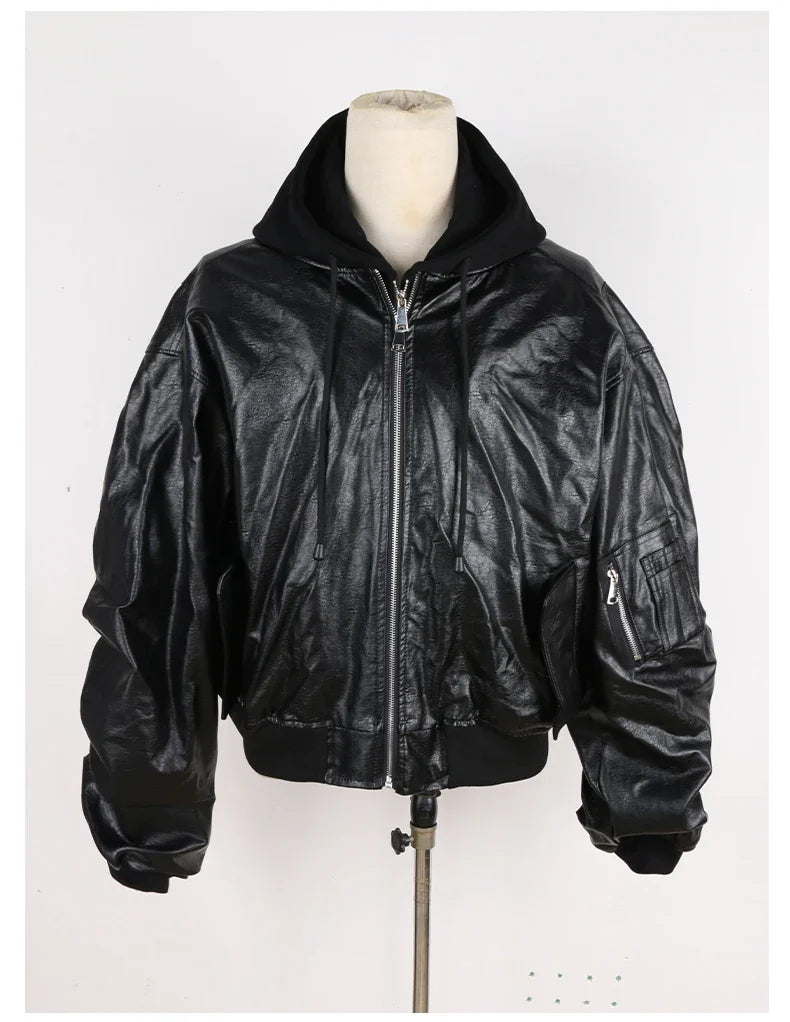 Autumn Winter Cool Handsome Oversized Brown Thickened Warm Leather Jacket Men with Hood Fake 2 Piece European Clothes