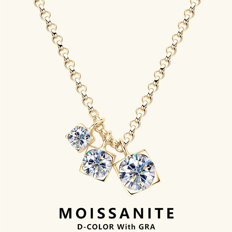 Three Stone Moissanite Pendant Necklace Niche 925 Sterling Silver Chain Necklaces for Women Collar Plata 925 Jewelry Gift