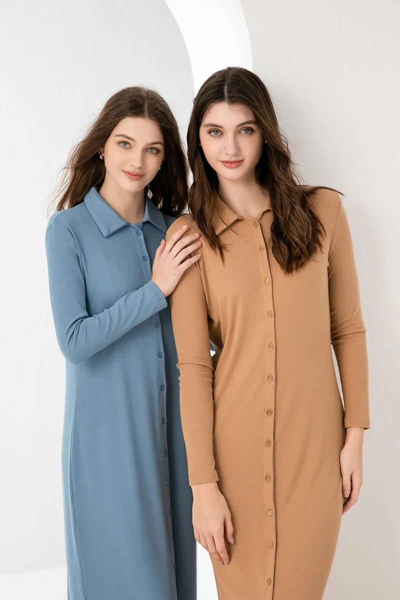 2024 maxi dress button design woman clothes full sleeve Ankle Length comfortable ribbing clothing  ( Ship out in 1 day)