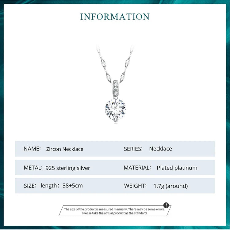 925 Sterling Silver Simple Clear Zircon Pendant Necklace for Women Wedding Engagement Anniversary Fine Jewelry BSN273