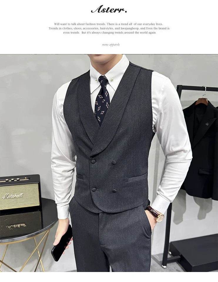 High-end Double-breasted Suit Vest With Pants 2024 New Men Fashion Slim Business Casual Best Groom Wedding Dress Vest  2 Pcs Set