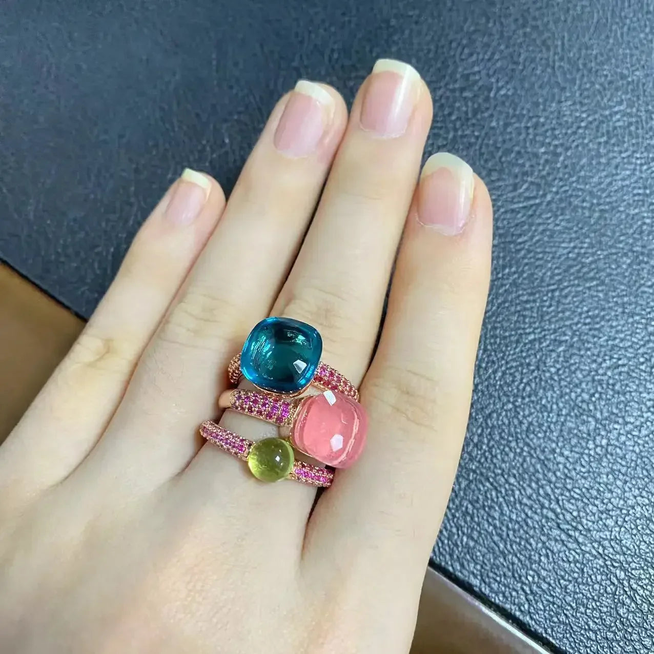 3Pcs/Set Nudo Ring Stacking Set for Women Mix Color Candy Crystal Inlay Zircon Amethyst Blue Topaz Round Jewelry Gift
