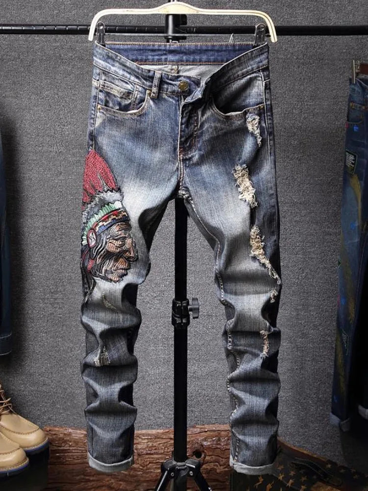 Spring and Autumn fashion trend printed straight-leg stretch denim jeans for men comfortable casual sports high-quality jeans