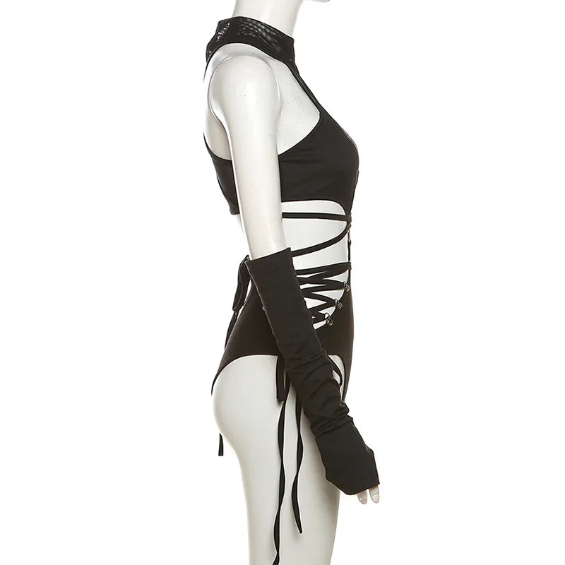Bandage Hollow Out Sexy Cyber Y2k Bodysuits Gothic Techwear Mesh Patchwork Tops Female Glove Sleeve Mock Neck Bodysuit