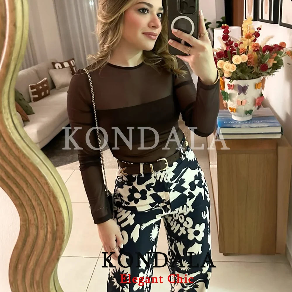 KONDALA Trendy Sexy Sheer Bodysuit Long Sleeve Bodysuit Fashion 2026 Spring Summer Party Holiday Date See-Through Lady Tops