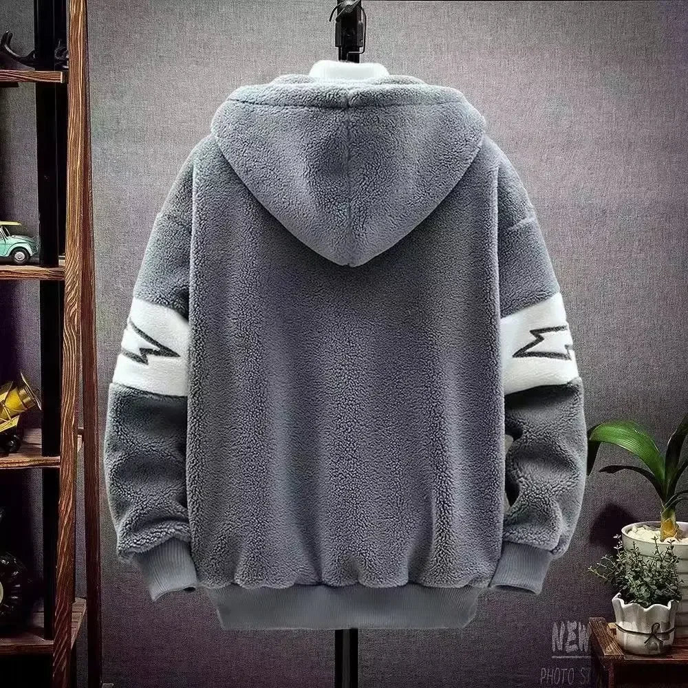 Lamb Velvet Fleece Lined Thickened Hoodie for Students Men's Casual Loose Fit Cotton Jacket Warm Outerwear Autumn Winter