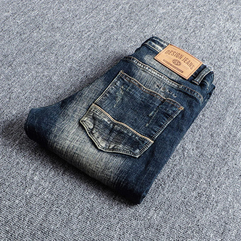 Men Jeans Retro Black Blue Elastic Slim Fit Ripped Jeans Men