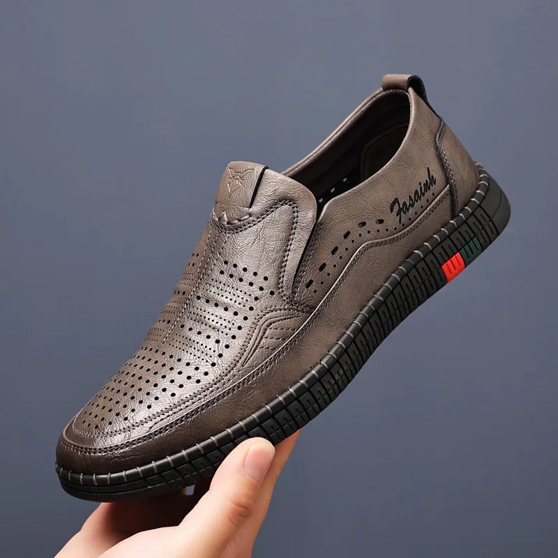 Summer New Breathable Hallow Leather Shoes for Men Solid Color Fashion Casual Driving Shoes Male Low Top Flat Shoes Man