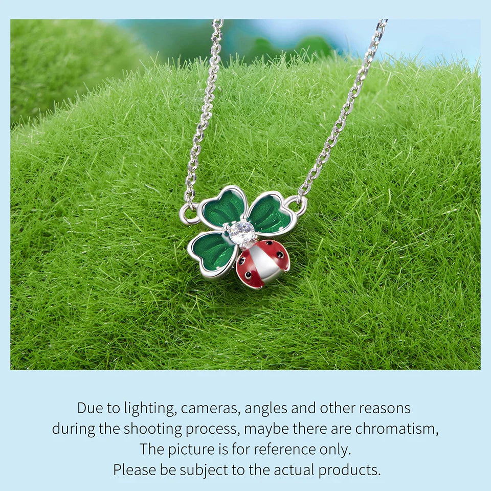 925 Sterling Silver Four-leaf Clover Ladybug Necklace for Women - Lucky Jewelry Gifts Fashion Birthday Graduation Gift