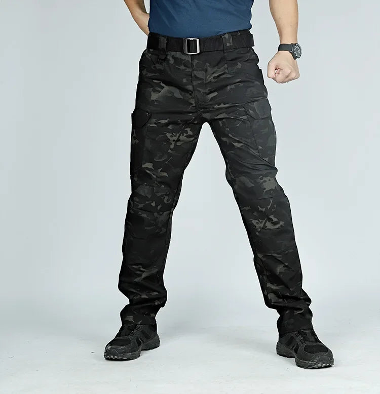 Autumn Tactical Sets Men Outdoor Breathable Short Sleeve Tshirt+Waterproof Straight Pant 2 Pcs Suits Camo Multi-pocket Cargo Set