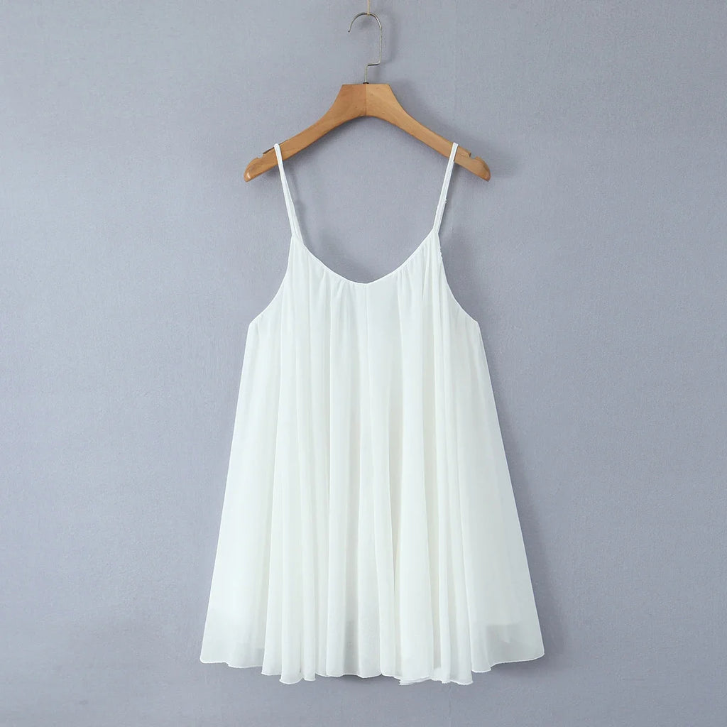 2025 Women White Big Backless Sling Dress O Neck Back Zipper Loose Swing Mini Short Dresses Holiday Robe